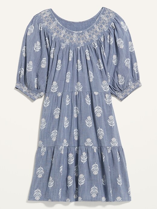 Image number 4 showing, Puff-Sleeve Smocked Embroidered Tiered Mini Swing Dress for Women