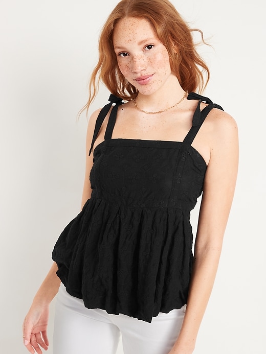 Image number 1 showing, Tie-Shoulder Embroidered Babydoll Cami Swing Top