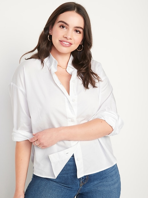 Image number 5 showing, Long-Sleeve Cropped Boyfriend Shirt for Women