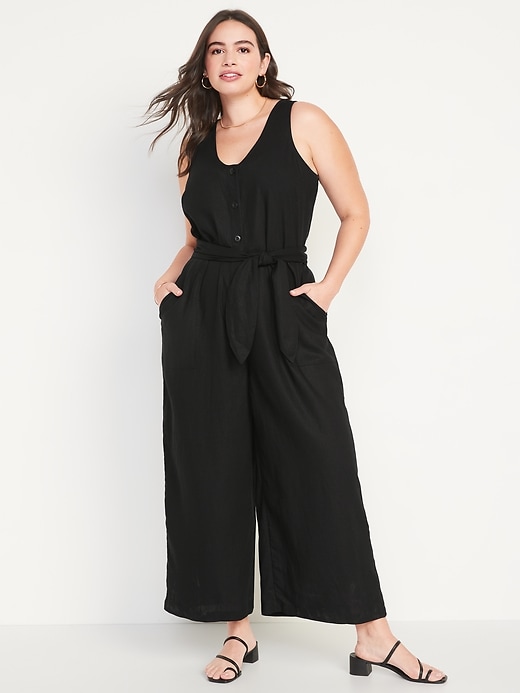 Sleeveless Cropped Linen-Blend Belted Jumpsuit for Women | Old Navy