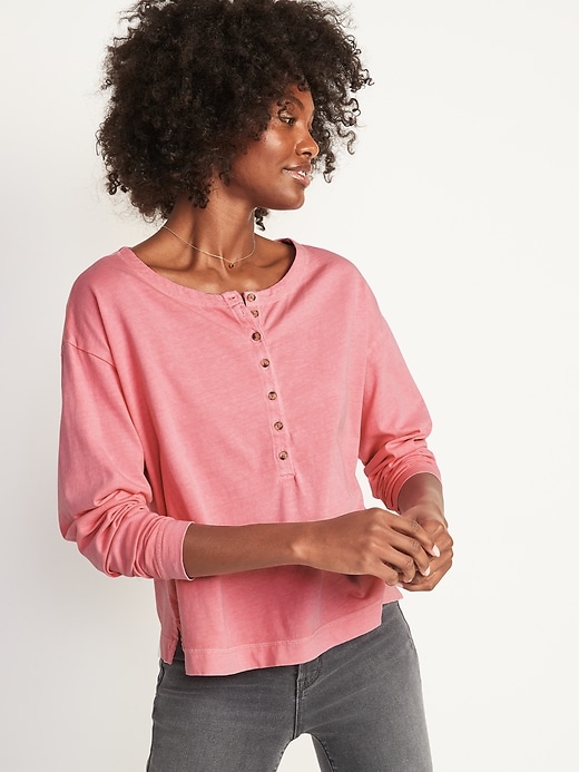 Loose Garment-Dyed Long-Sleeve Henley T-Shirt for Women | Old Navy