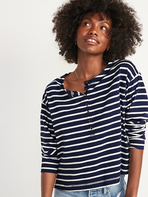 Image number 1 showing, Loose Mariner-Stripe Long-Sleeve Henley T-Shirt for Women