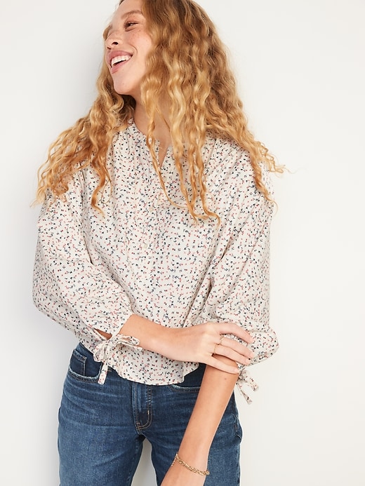 Image number 1 showing, Oversized Ditsy-Floral Corduroy Tie-Sleeve Top