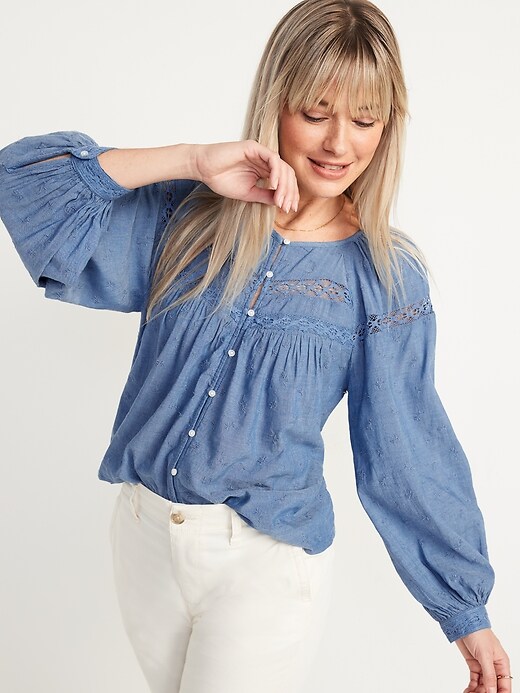 Image number 1 showing, Long-Sleeve Lace-Trimmed Embroidered Chambray Blouse