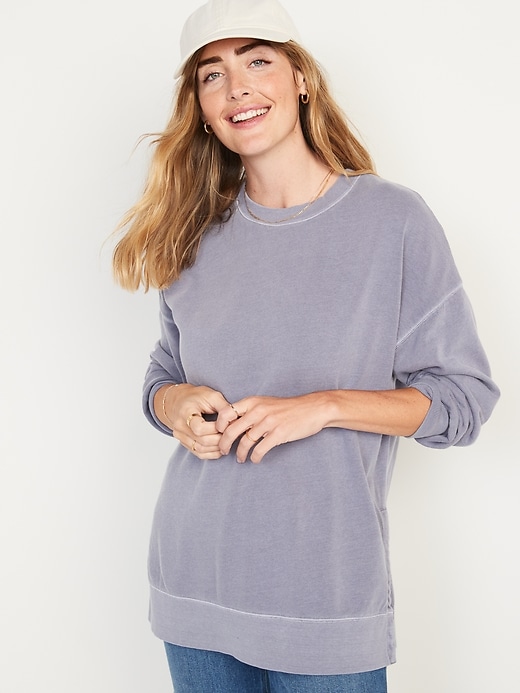 Image number 1 showing, Vintage Long-Sleeve Garment-Dyed French-Terry Tunic Sweatshirt for Women