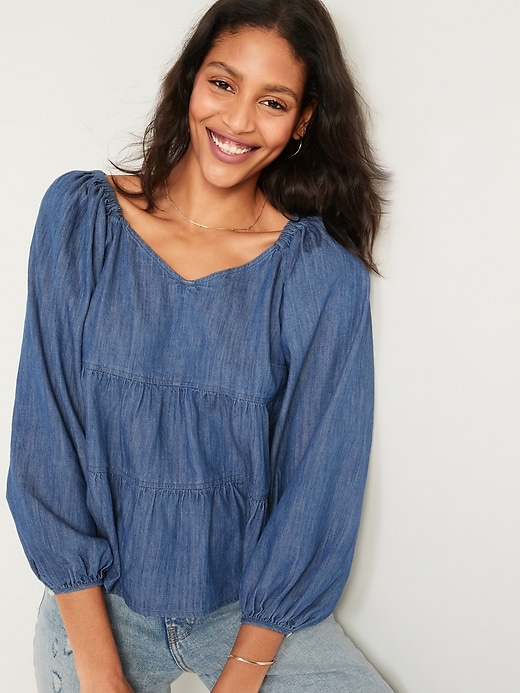 Image number 1 showing, Tiered Swing Long-Sleeve Jean Top