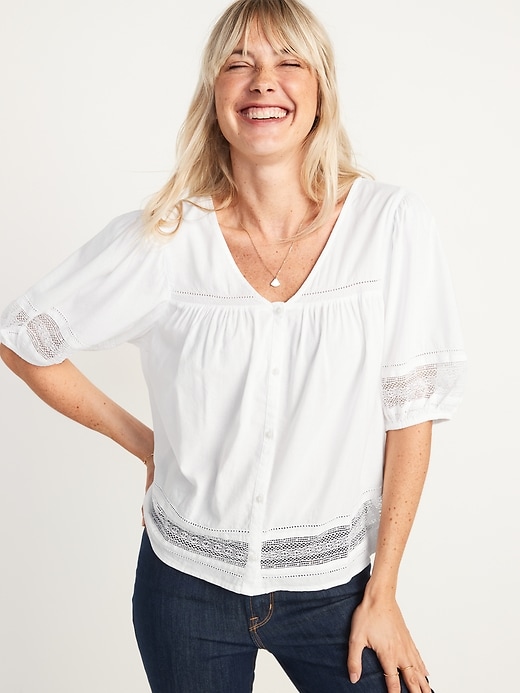Image number 1 showing, Oversized Lace-Trim Button-Front Blouse for Women