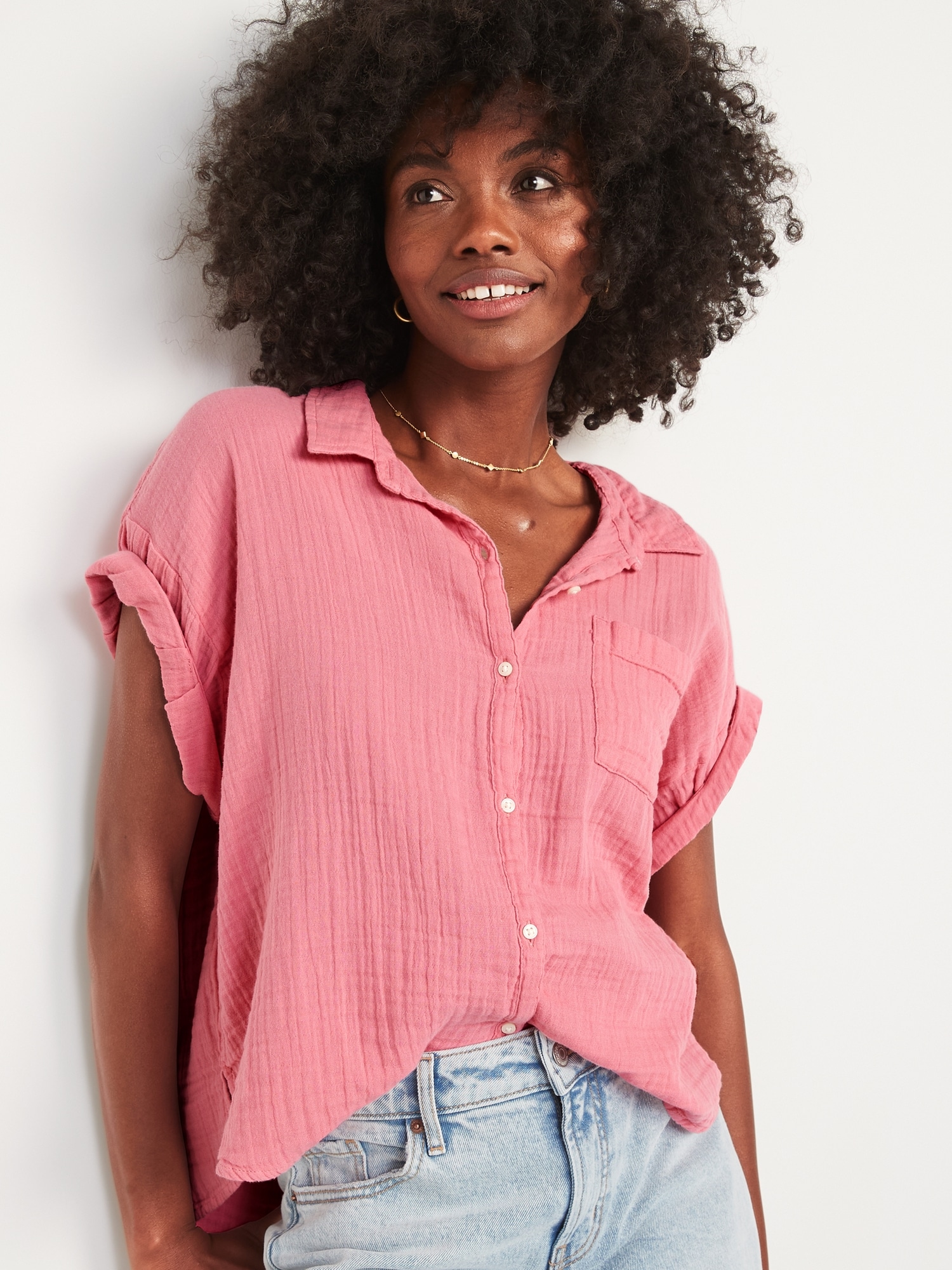 Short-Sleeve Crinkled Button-Down Shirt for Women
