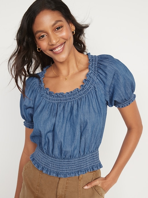 Image number 1 showing, Scoop-Neck Smocked Chambray Blouse for Women