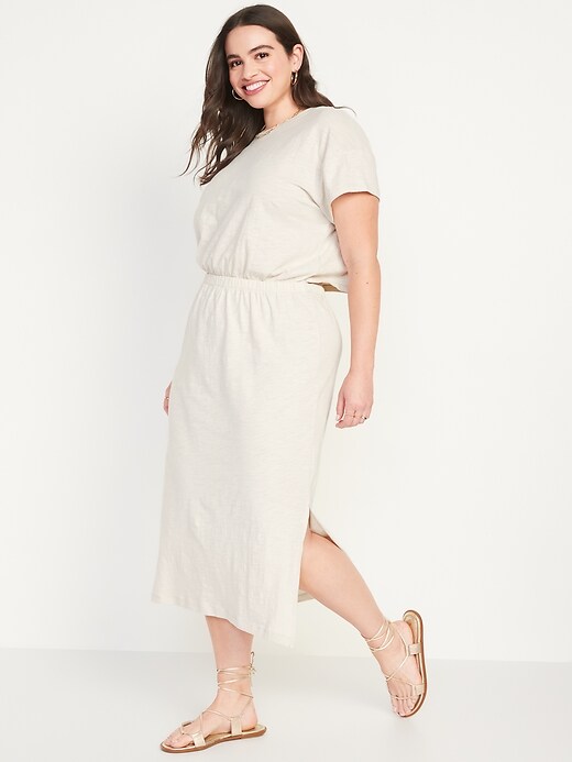 Image number 5 showing, Waist-Defined Short-Sleeve Cutout Slub-Knit Midi Dress for Women