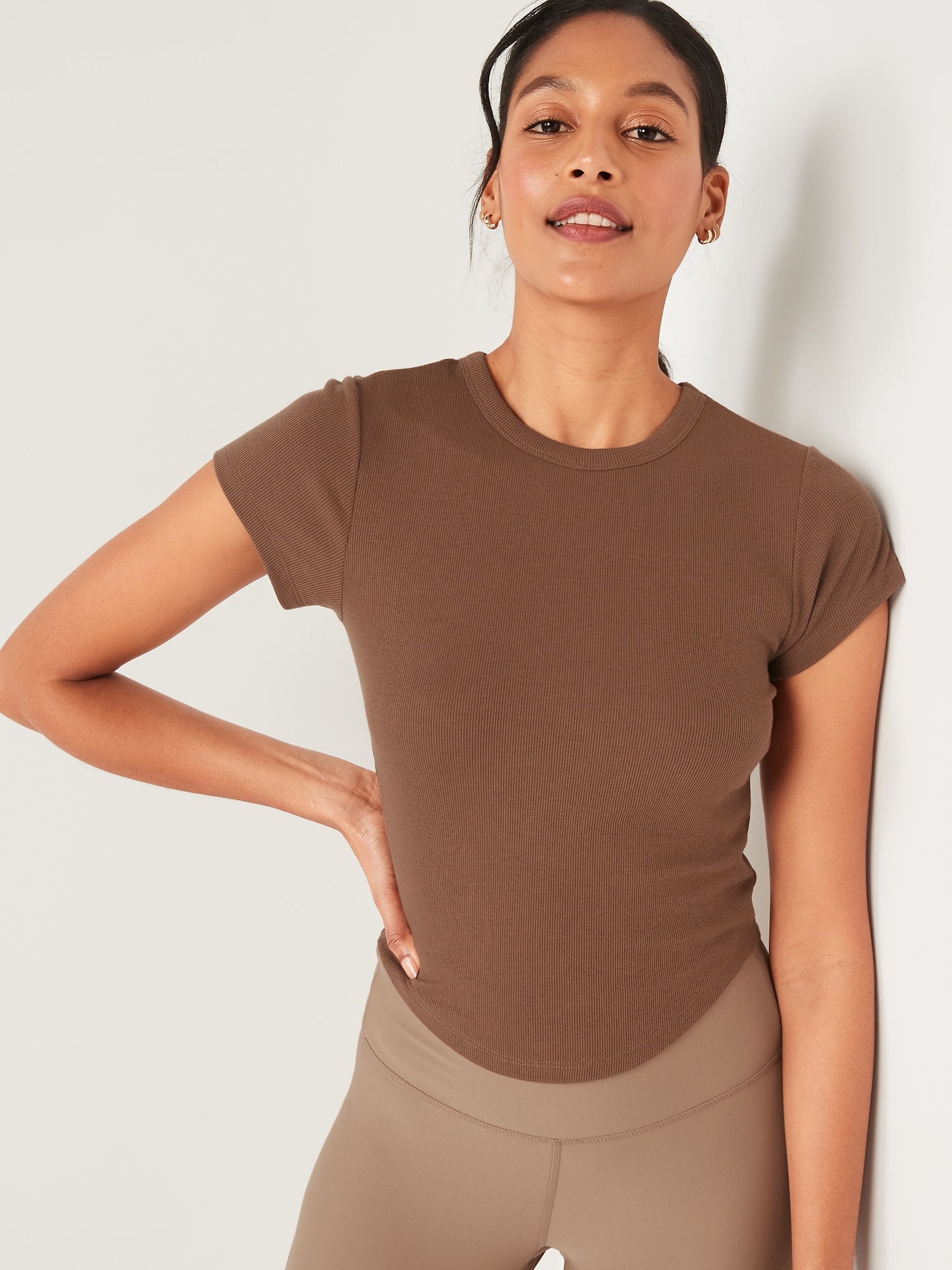 Old Navy UltraLite Cropped Rib-Knit T-Shirt for Women brown. 1
