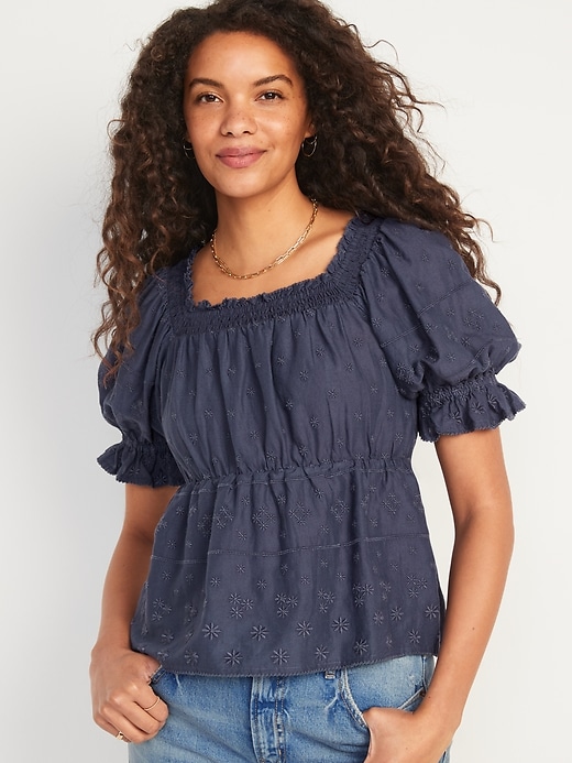 Image number 1 showing, Puff-Sleeve Smocked Embroidered Babydoll Blouse