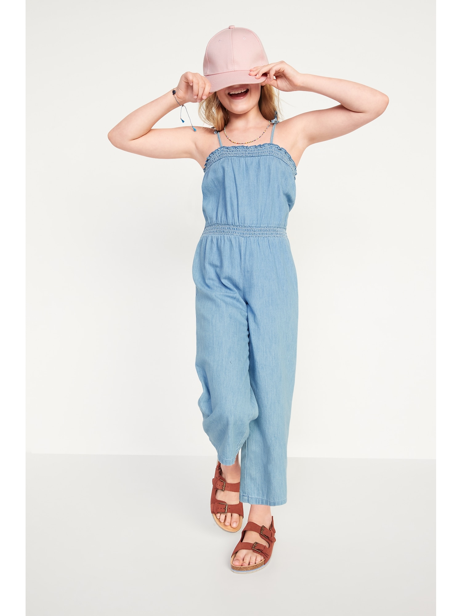 Chambray Smocked Shoulder-Tie Jumpsuit for Girls | Old Navy