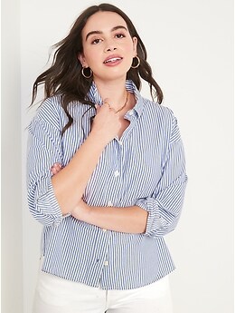 Long-Sleeve Oversized Cropped Striped Boyfriend Shirt for Women