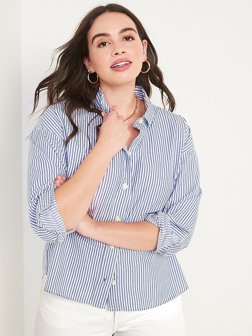 Image number 5 showing, Long-Sleeve Oversized Cropped Striped Boyfriend Shirt for Women