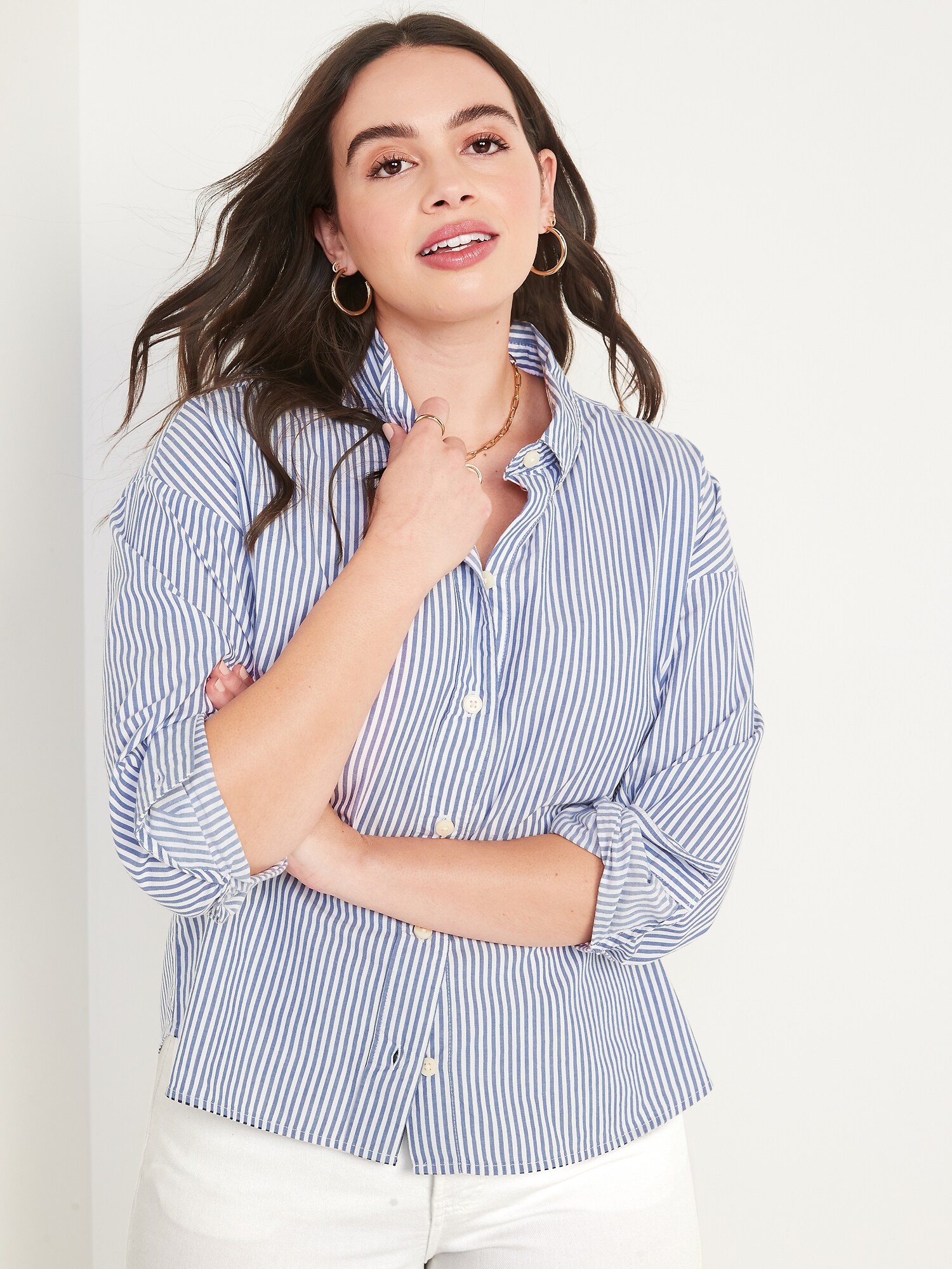 Long-Sleeve Oversized Cropped Striped Boyfriend Shirt for Women | Old Navy