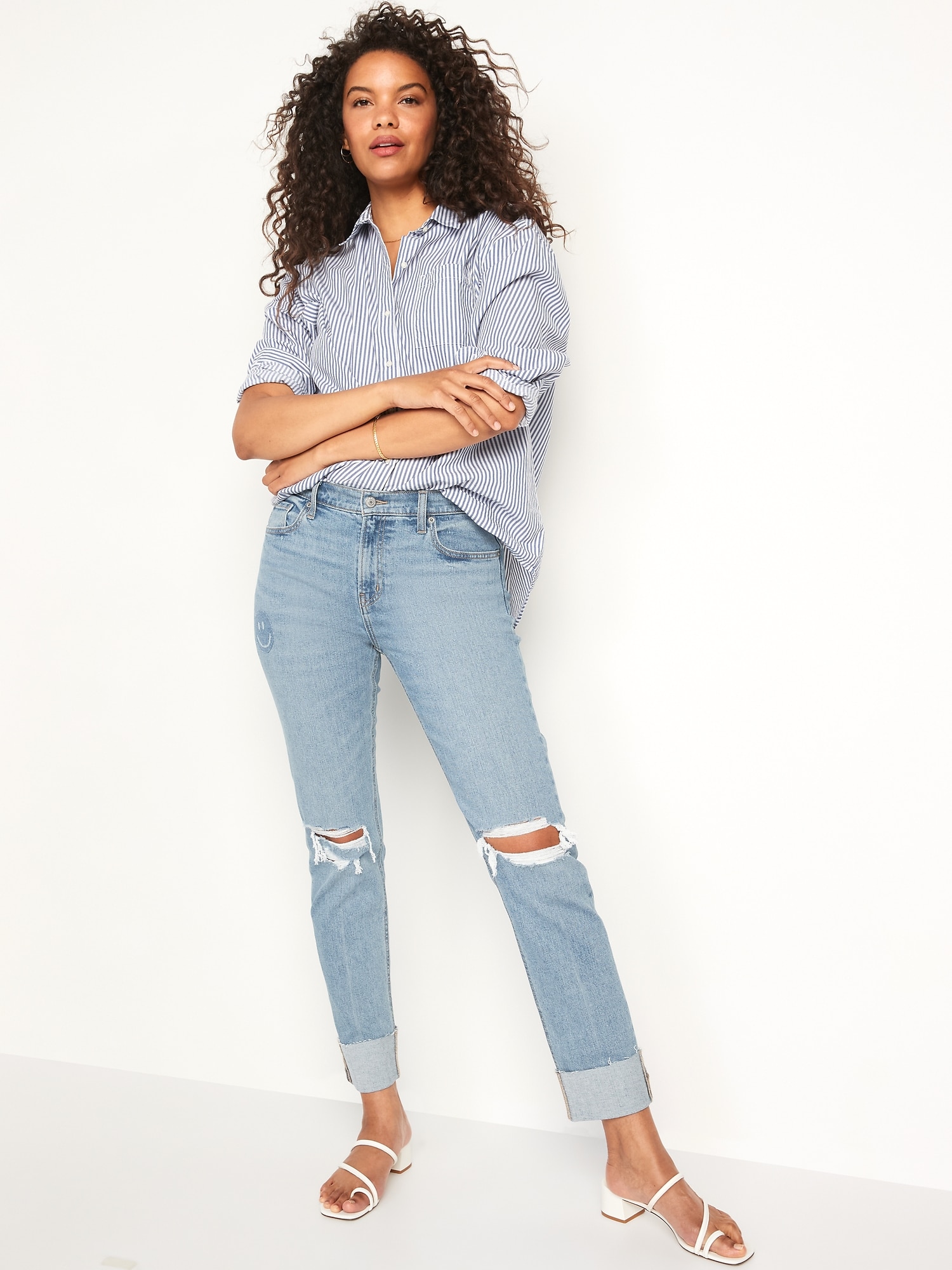 Mid-Rise Boyfriend Straight Ripped Smiley Face Jeans for Women | Old Navy