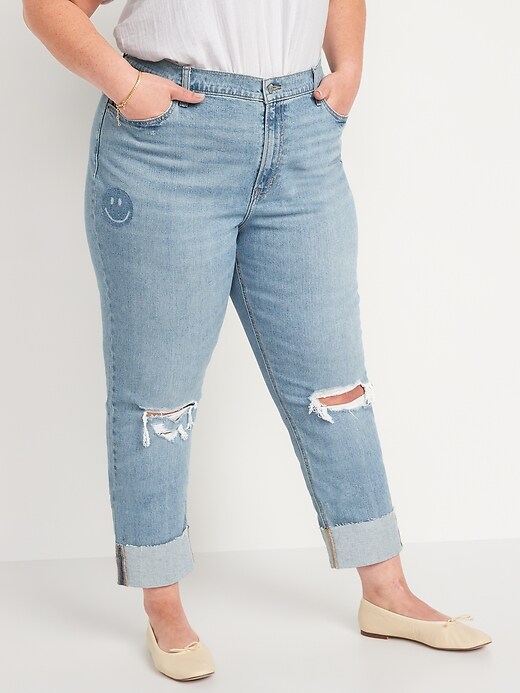 Image number 7 showing, Mid-Rise Boyfriend Straight Ripped Smiley Face Jeans for Women