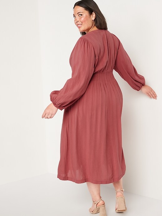 Image number 8 showing, Waist-Defined Long-Sleeve Deep V-Neck Dobby Smocked Midi Dress for Women