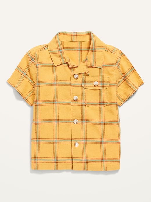 View large product image 1 of 2. Plaid Linen-Blend Short-Sleeve Camp Shirt for Baby