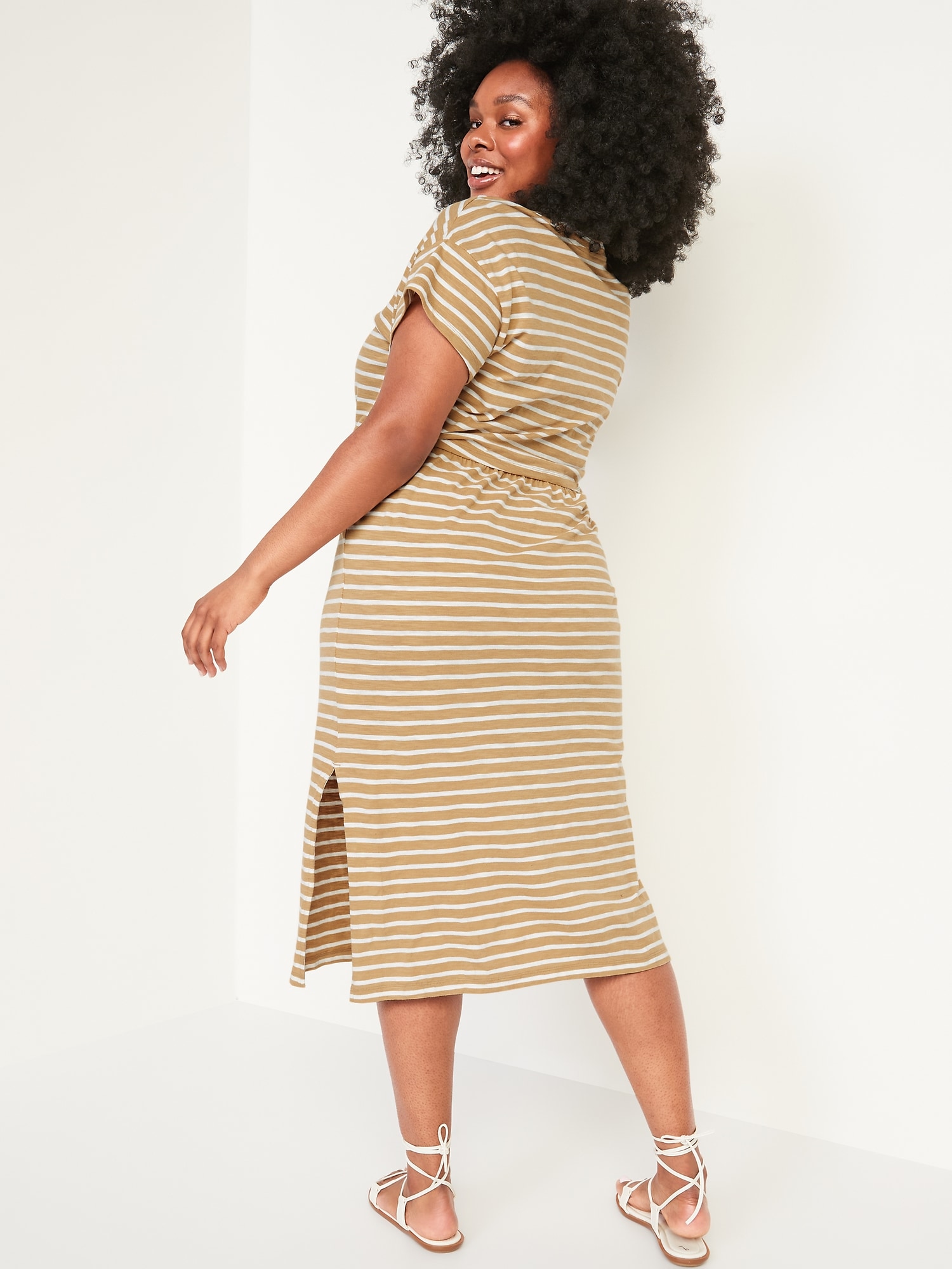 Waist-Defined Short-Sleeve Striped Cutout-Back Midi Dress for Women ...