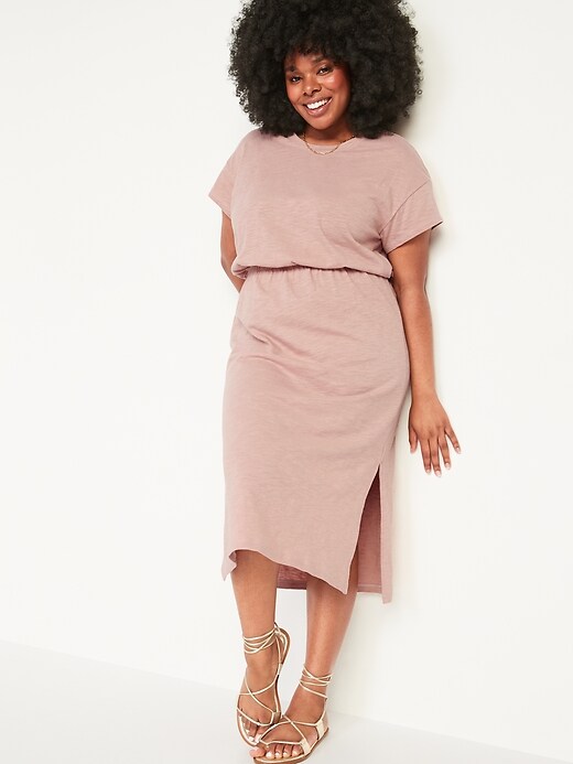 Waist-Defined Short-Sleeve Cutout-Back Slub-Knit Midi Dress