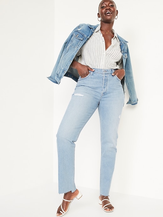 Image number 3 showing, High-Waisted Button-Fly Slouchy Straight Ripped Cut-Off Jeans for Women