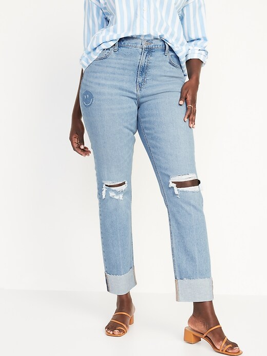 Image number 5 showing, Mid-Rise Boyfriend Straight Ripped Smiley Face Jeans for Women