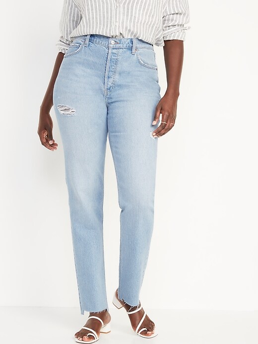 Image number 5 showing, High-Waisted Button-Fly Slouchy Straight Ripped Cut-Off Jeans for Women