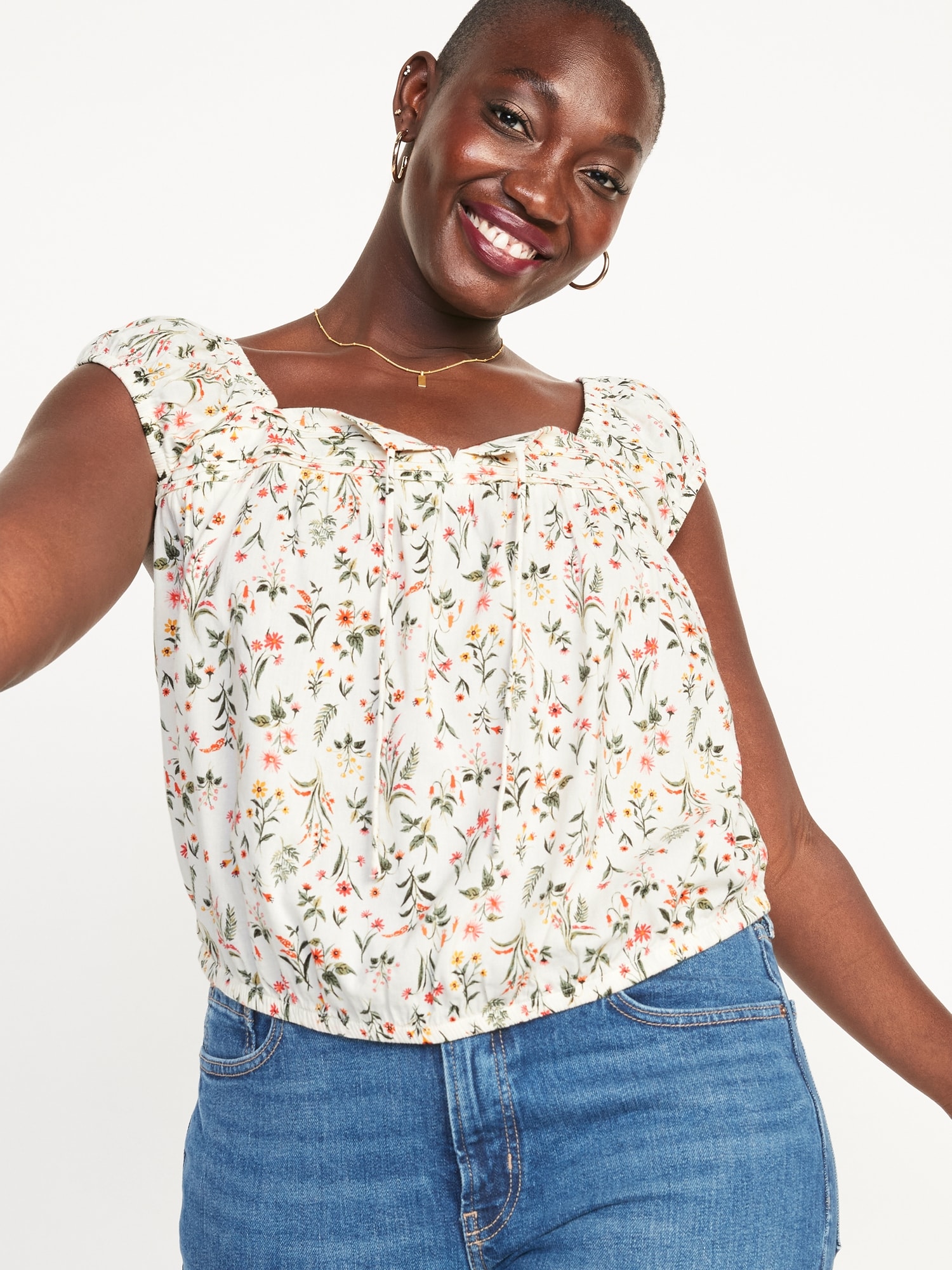 Puff-Sleeve Cropped Floral-Print Pintucked Blouse | Old Navy