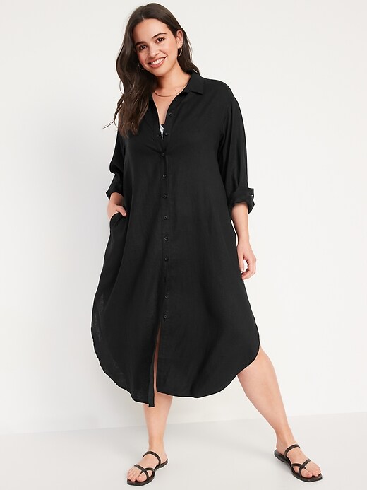 Long-Sleeve Linen-Blend Midi Shirt Dress | Old Navy Long-Sleeve Linen-Blend Midi Shirt Dress | Old Navy