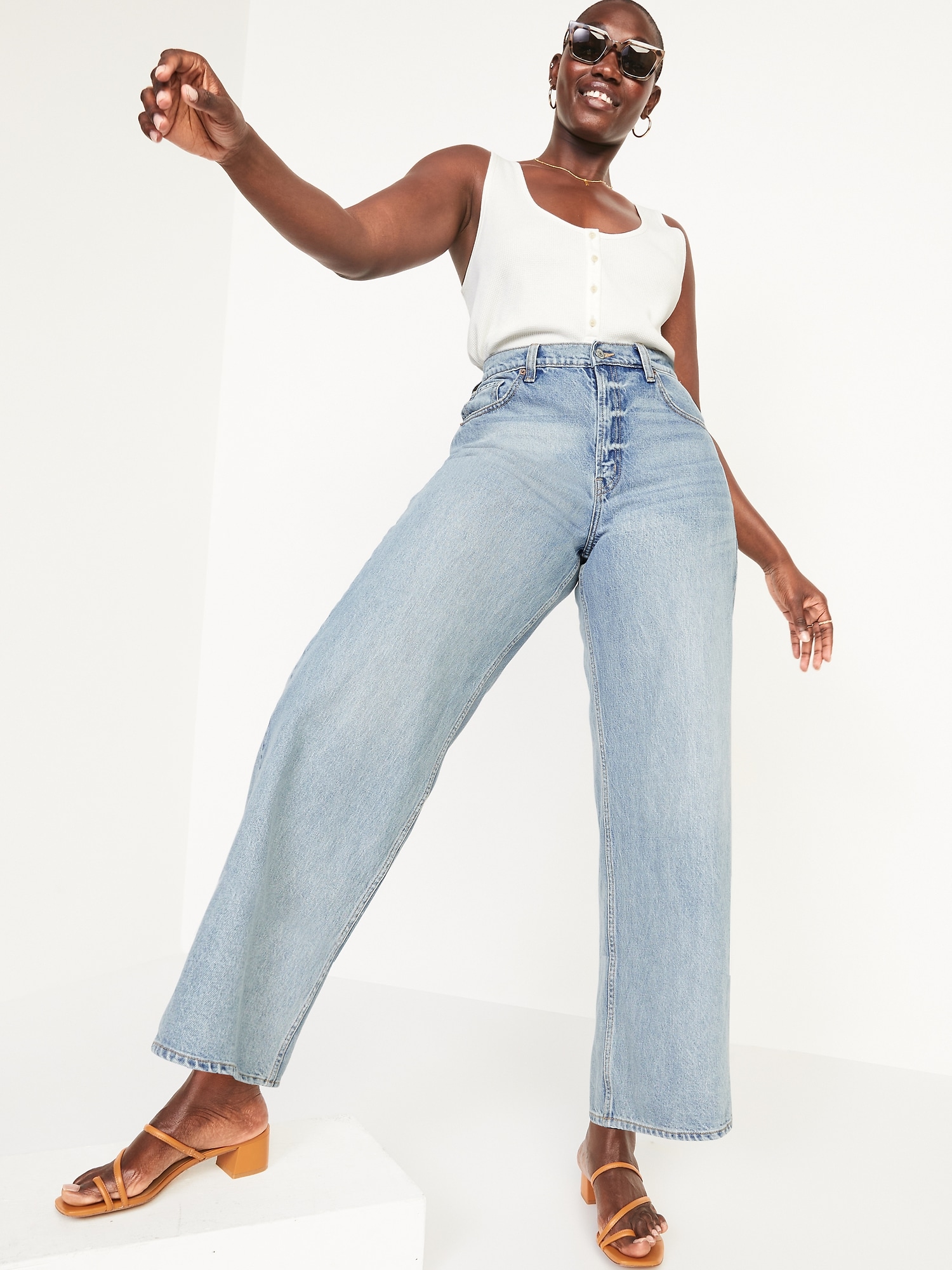 Write out white graphic Extra High-Waisted Baggy Wide-Leg Non-Stretch Jeans for Women | Old Navy