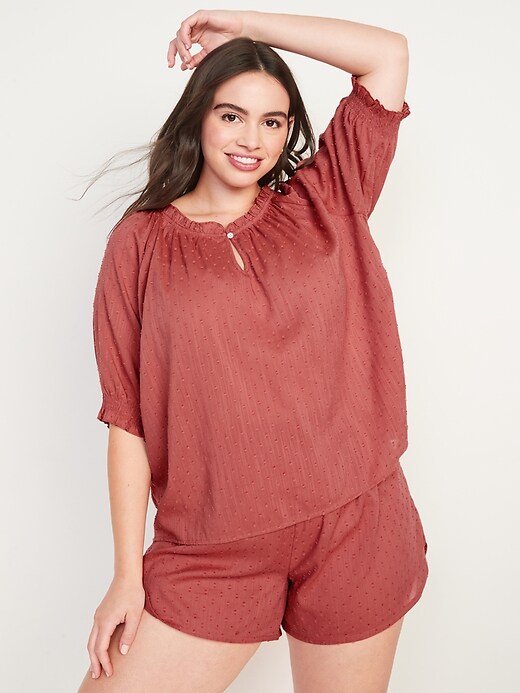 Image number 5 showing, Textured Clip-Dot Smocked-Sleeve Pajama Top for Women
