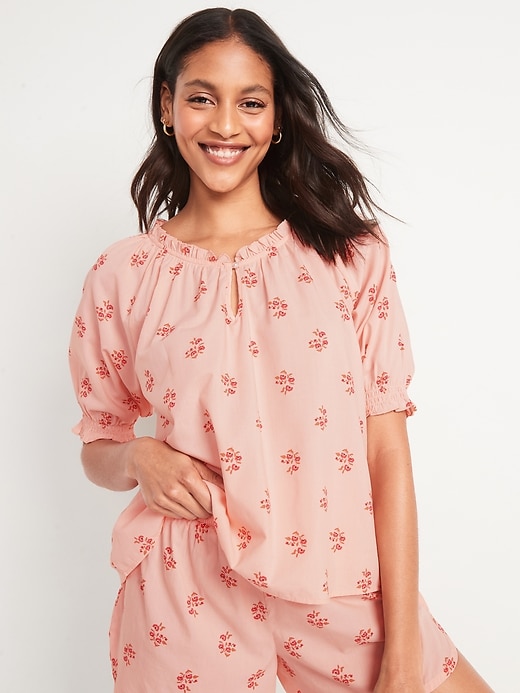 Image number 1 showing, Puff-Sleeve Floral Swing Pajama Top