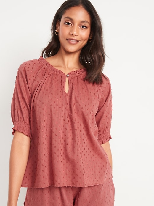 Image number 1 showing, Textured Clip-Dot Smocked-Sleeve Pajama Top for Women