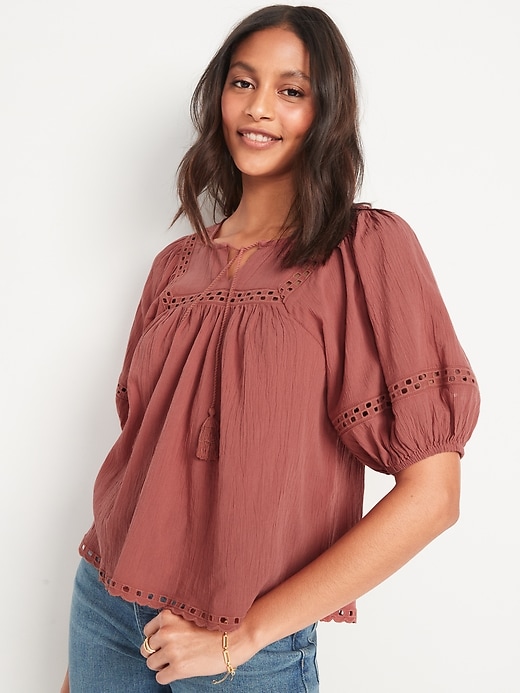 Image number 1 showing, Elbow-Length Lace-Trimmed Poet Blouse