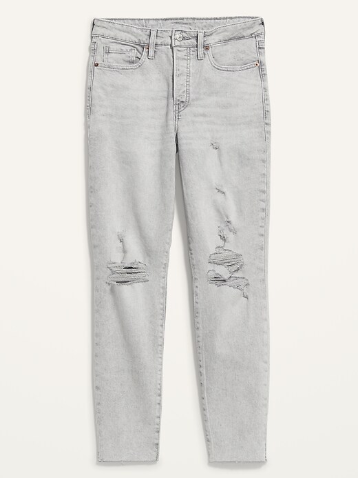 Image number 4 showing, High-Waisted Button-Fly OG Straight Ripped Gray Cut-Off Jeans for Women