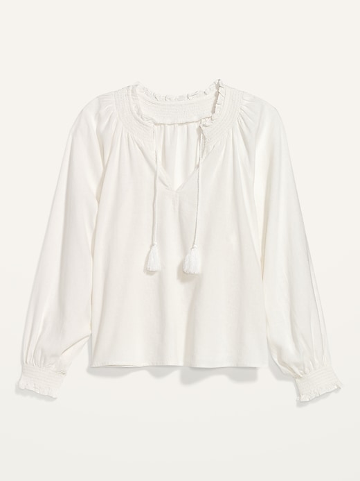 Image number 2 showing, Oversized Long-Sleeve Smocked Linen-Blend Top