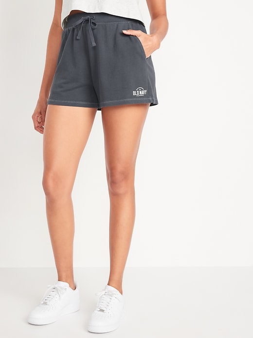 Image number 1 showing, Extra High-Waisted Vintage Logo-Graphic Sweat Shorts -- 3-inch inseam