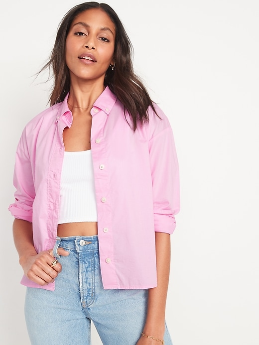 Image number 1 showing, Long-Sleeve Cropped Boyfriend Shirt