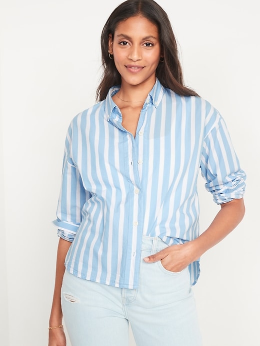Image number 1 showing, Long-Sleeve Oversized Cropped Striped Boyfriend Shirt for Women