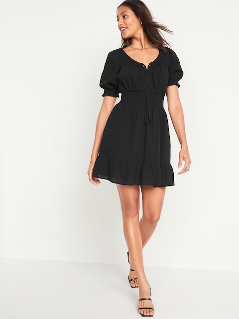 Waist-Defined Puff-Sleeve Tie-Neck Mini Dress - Black Jack