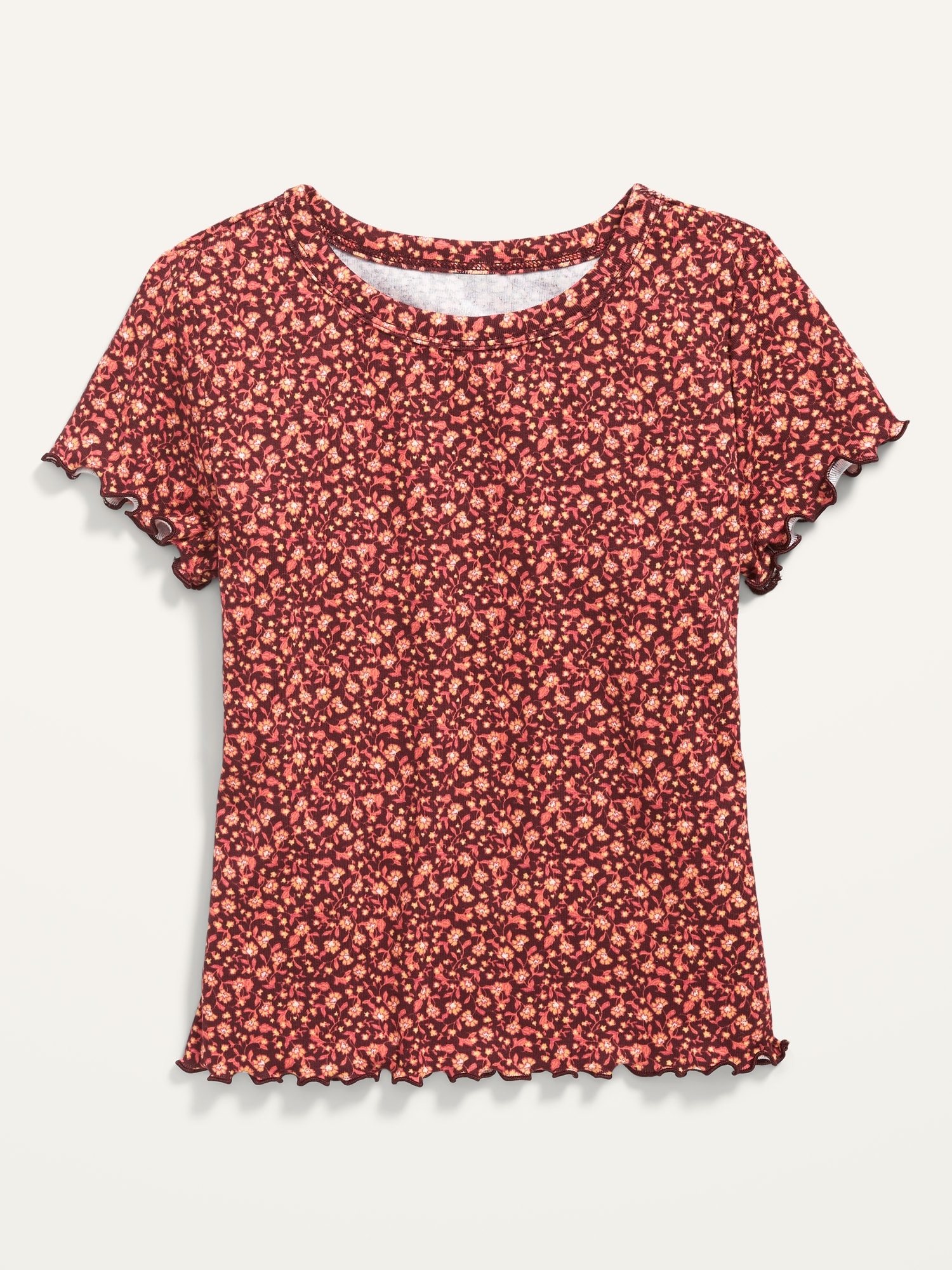 Old Navy Printed Short-Sleeve Rib-Knit Lettuce-Edge T-Shirt for Girls red. 1