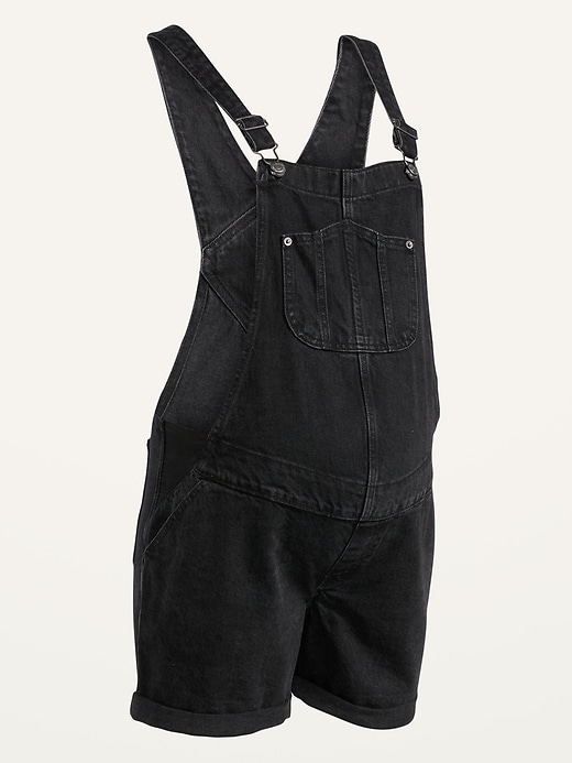 Image number 4 showing, Maternity Side-Panel Slouchy Black Non-Stretch Jean Shortalls -- 5-inch inseam