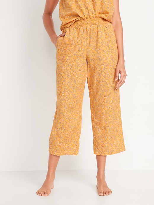 Image number 1 showing, High-Waisted Floral-Print Cropped Smocked Wide-Leg Pajama Pants
