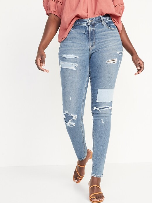 Image number 5 showing, Mid-Rise Rockstar Super-Skinny Patchwork Ripped Jeans for Women