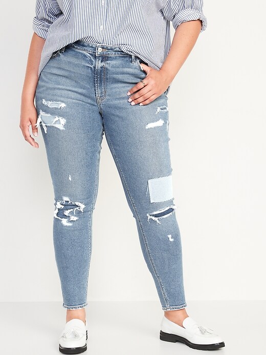 Image number 7 showing, Mid-Rise Rockstar Super-Skinny Patchwork Ripped Jeans for Women