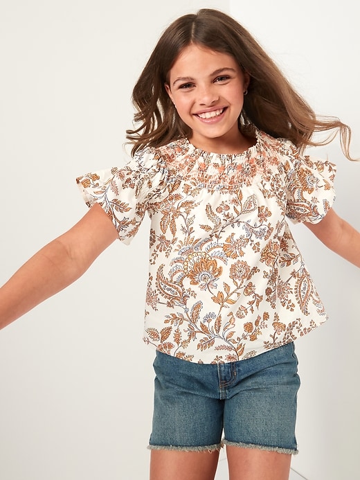 View large product image 1 of 3. Short-Sleeve Embroidered Smocked Swing Top for Girls