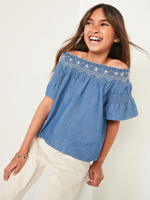 Short-Sleeve Embroidered Smocked Swing Top for Girls
