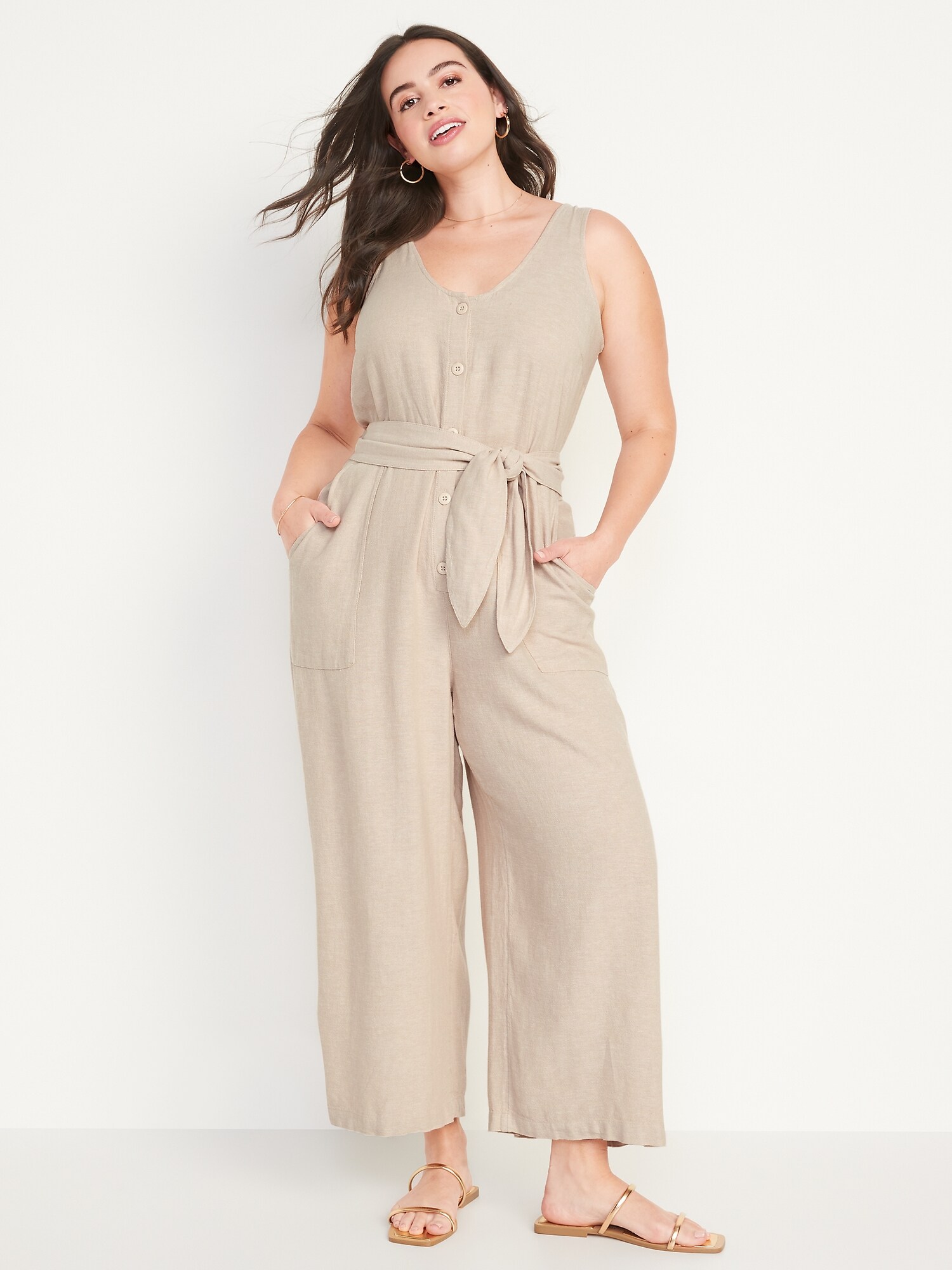 Sleeveless Voop-Neck Cropped Waist-Defined Linen-Blend Jumpsuit | Old Navy